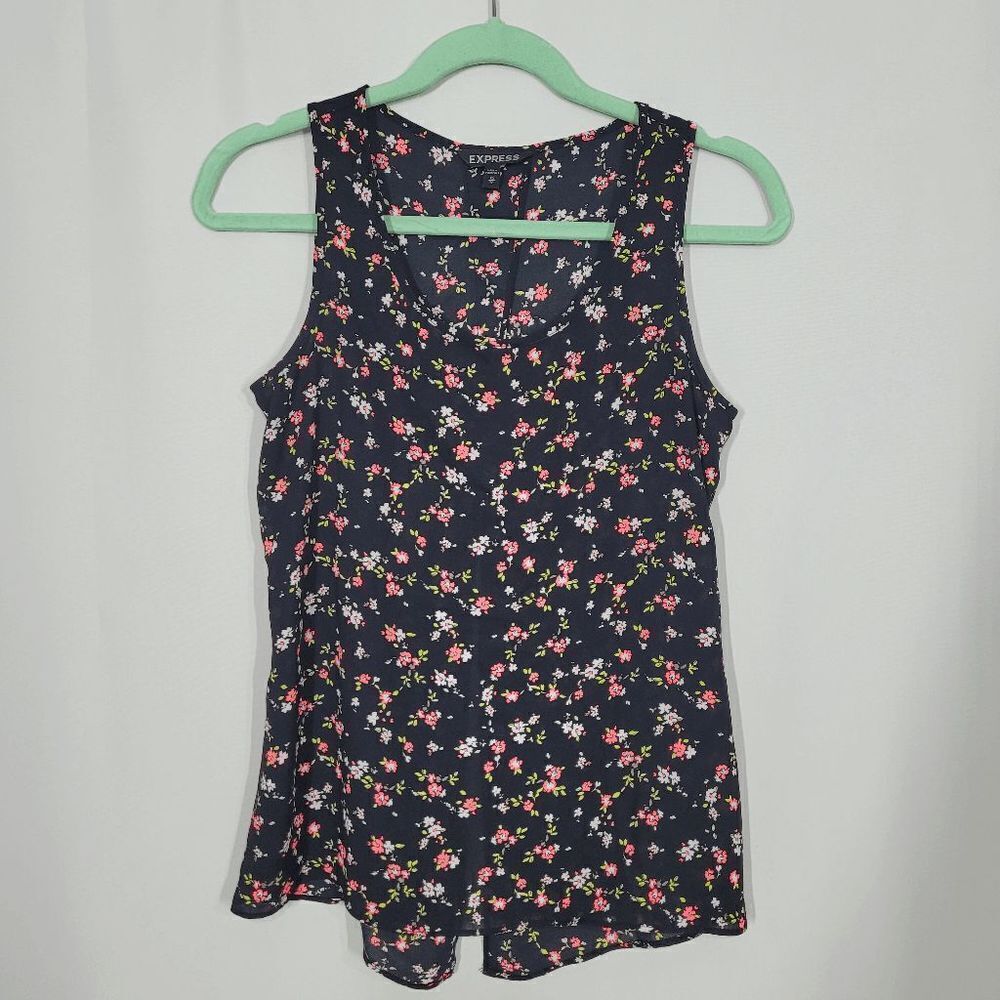 EXPRESS Black Floral Scoop Neck Open Split Back Tank Top Size XS